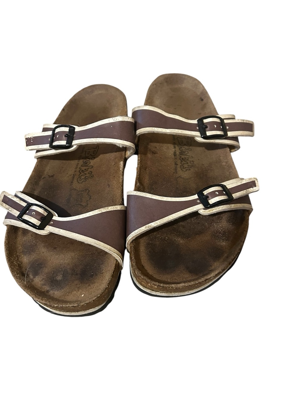 Birkenstock Brown Double-Strap Sandals with Cream Trim